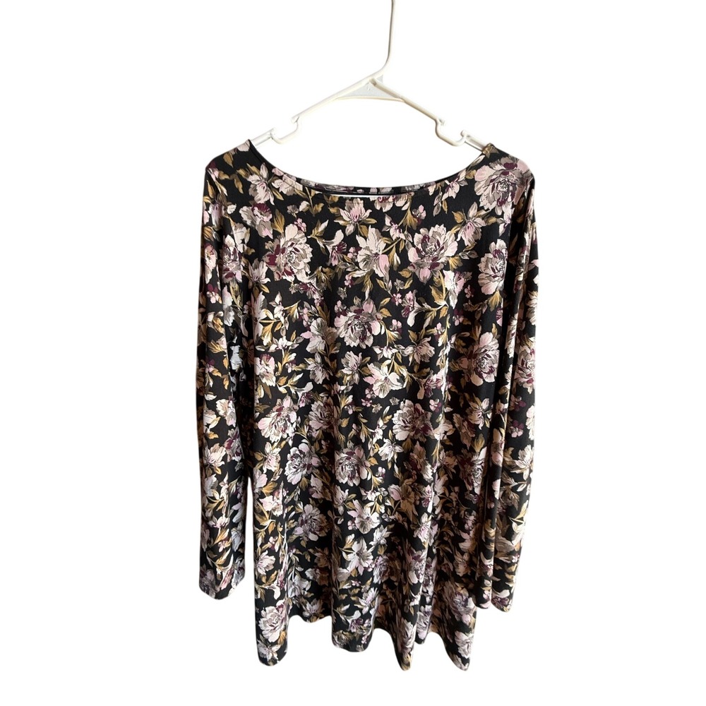 J. Jill Luxe Supima Split-Sleeve Floral Tunic Top Black Pink XL Womens